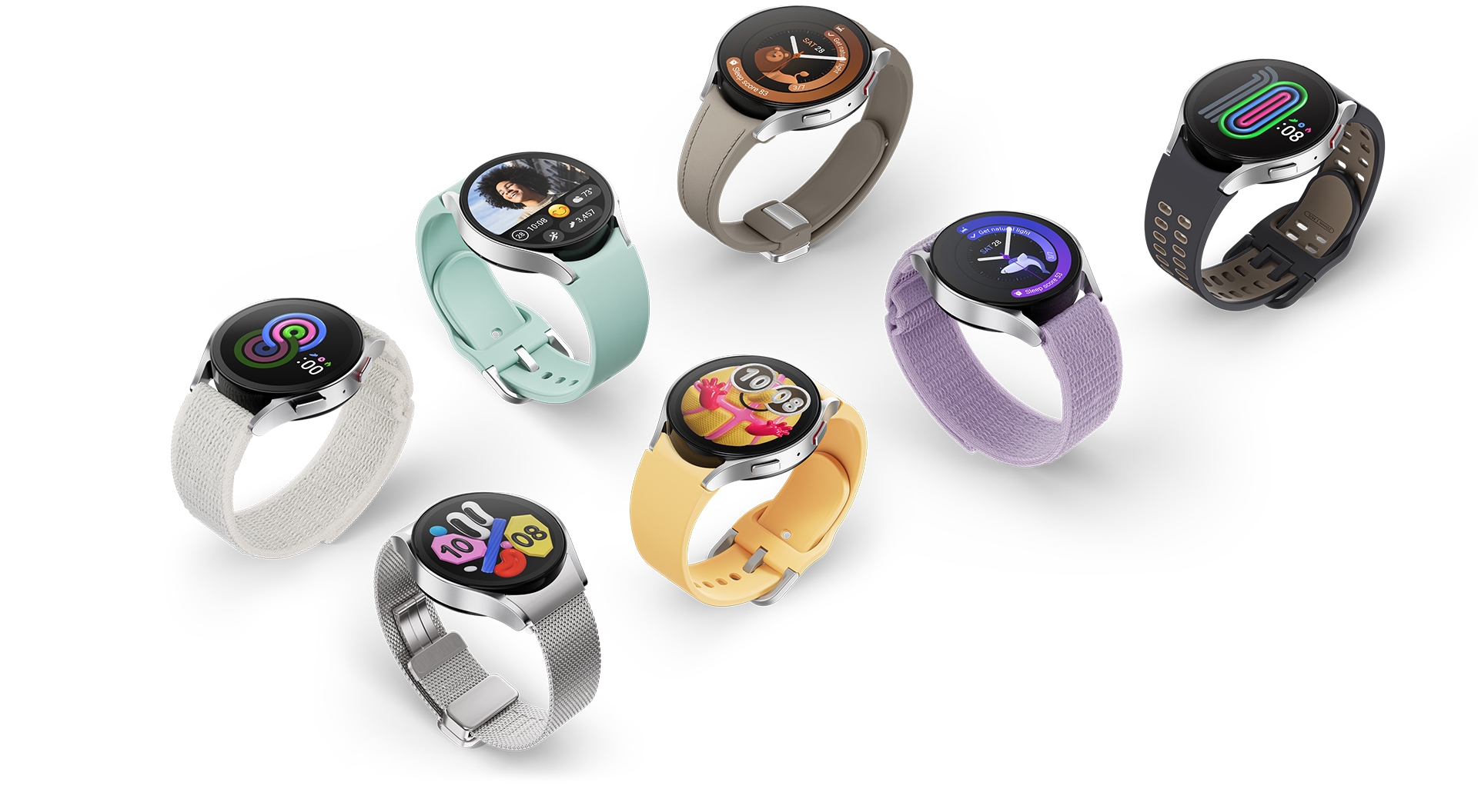 Multiple Galaxy Watch6 with different watch bands can be seen, standing upright. Each Watch is …