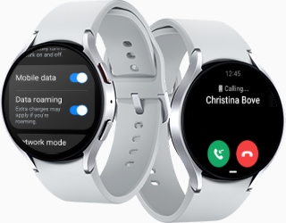 Two Galaxy Watch6 can be seen. The Watch on the left is displaying the Settings screen, with the …