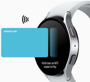 Galaxy Watch6 can be seen, slightly turned to the left, with a credit card next to the screen …