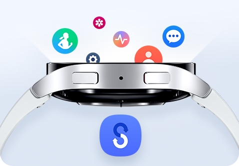 Side view of Galaxy Watch6 facing upward can be seen, with different app icons dropping into the …