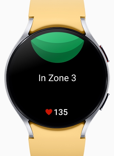 Galaxy Watch6 can be seen displaying personalized HR Zone screen, with the text 'In Zone 3' in …
