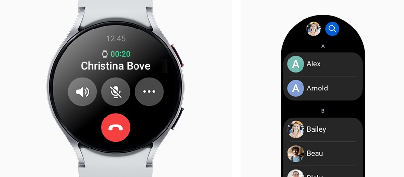 Galaxy Watch6 can be seen, displaying the call screen. GUI of contact list screen can also be …
