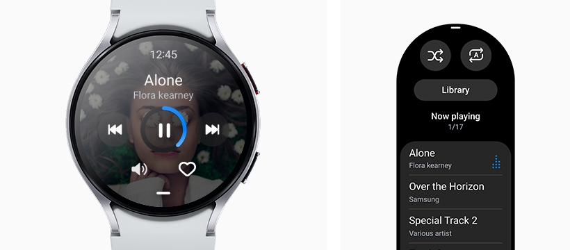 Galaxy Watch6 can be seen, displaying the music streaming app screen. GUI of the playlist screen …