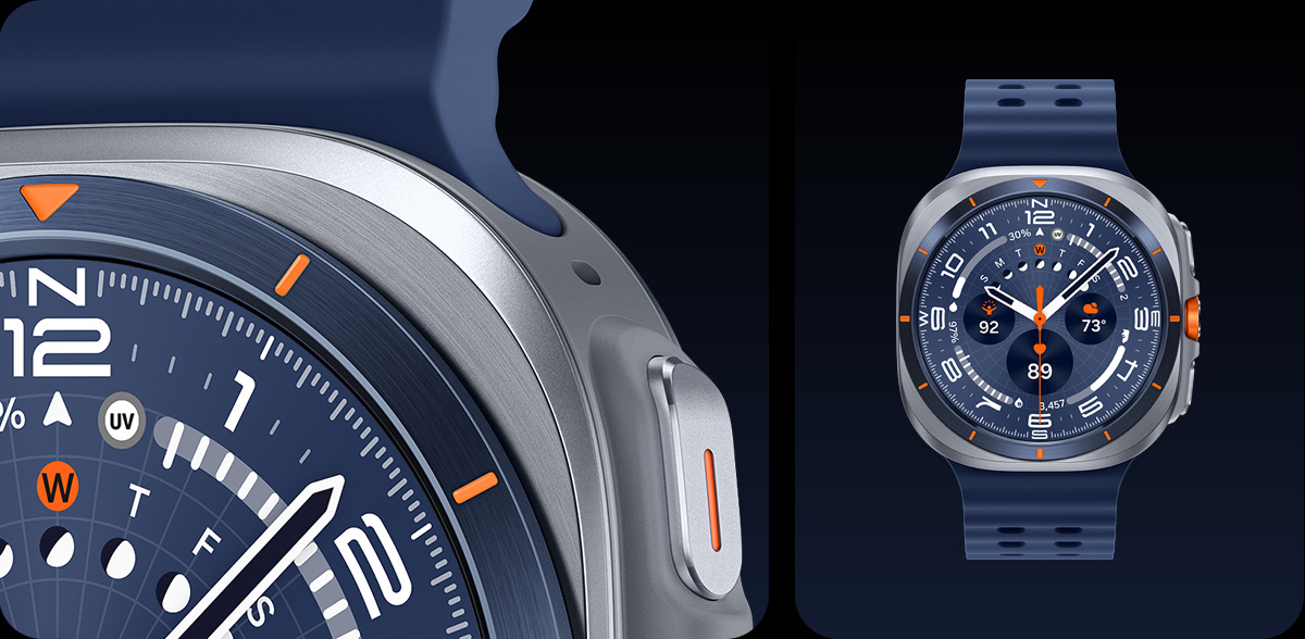 Galaxy Watch Ultra in Titanium Blue. A close-up, partial view of Galaxy Watch Ultra and a full front view of Galaxy Watch Ultra.