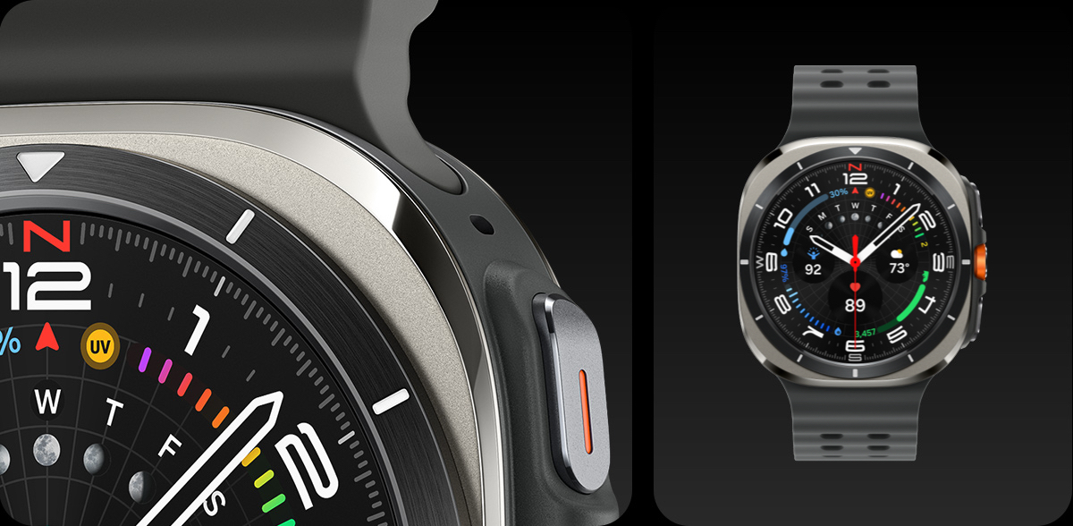 Galaxy Watch Ultra in Titanium Silver. A close-up, partial view of Galaxy Watch Ultra and a full front view of Galaxy Watch Ultra.