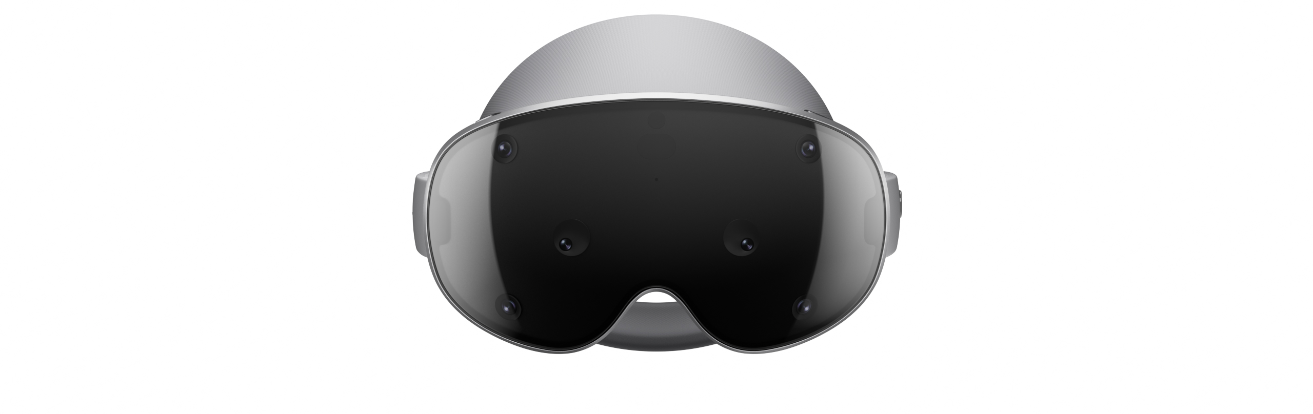 Galaxy XR slowly appears with a close-up of the Visor window on the front of the device. The device turns horizontally to showcase the right Side band, then the Rear fit dial on the back, followed by a close-up of the lenses and the display on the front inner part of the device behind the Visor window. Then, the device turns to show the Power connector on the left Side band, and again to the front to highlight the six cameras on the Visor window.