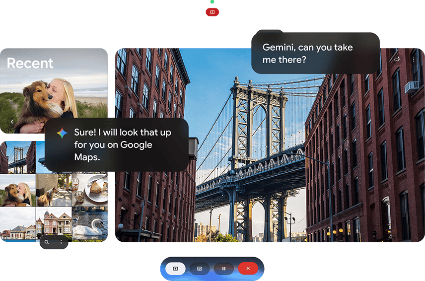 Galaxy XR gallery app opened onscreen. The user asks Google Gemini to take them to the place on the photo with text ‘Gemini, can you take me there?’ and Gemini replies with text ‘Sure! I will look that up for you on Google Maps.' Google Gemini logo is shown.