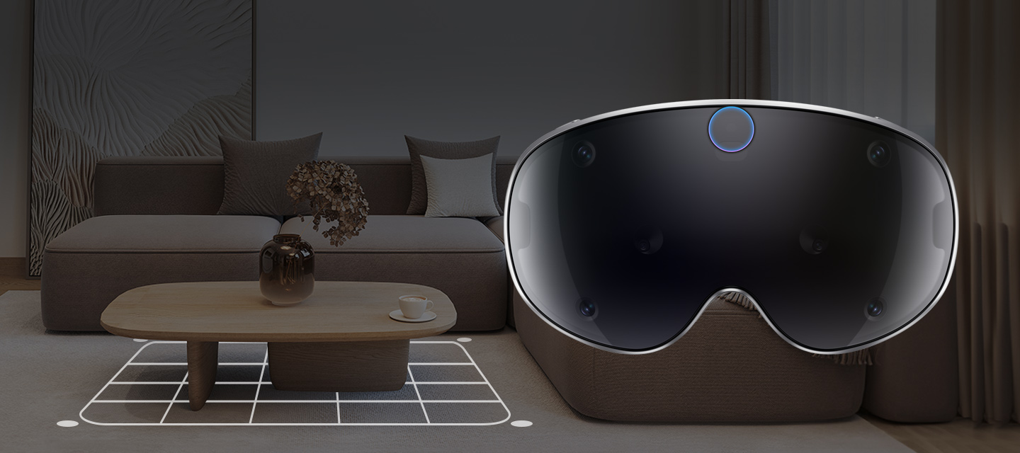 Galaxy XR seen from the front with the depth sensor highlighted in the top center of the Visor window and a modern living room interior in the background with a square grid under the coffee table, showcasing how Galaxy XR's depth sensor recognizes the floor area of the room to provide a true feeling of space.