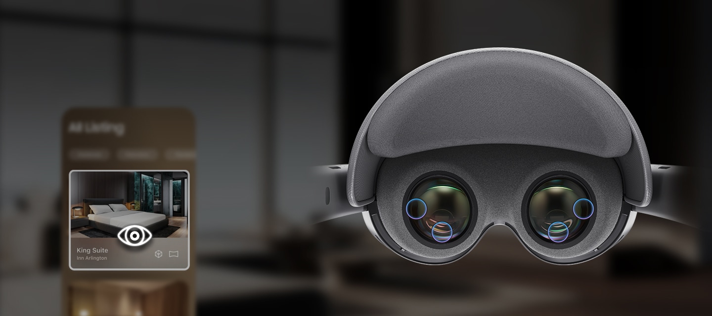Galaxy XR seen from a user's point of view behind the lenses when the device is on. The four eye-tracking cameras located on the lenses on the inside of the device are highlighted. Out of two bedroom interior images, one is blurry and the other is clear and highlighted with an eye tracking icon on top of it, showcasing that Galaxy XR tracks the user's eyesight with precision and detects the gaze direction towards the image.