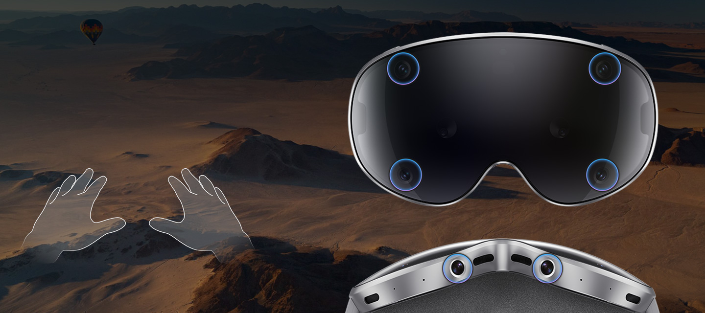 Galaxy XR seen from the front and from below with a silhouette of two hands over a desert landscape background. Four internal cameras are highlighted on the Visor window and two motion sensors are highlighted on the bottom part of the device to showcase Galaxy XR's head and hand tracking for natural XR experiences.