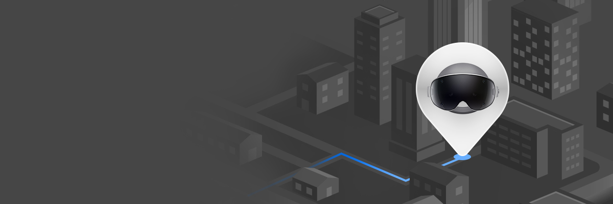 Location tag icon with lines tracing the direction of a spot in the city. Inside the tag is a visual of Galaxy XR.